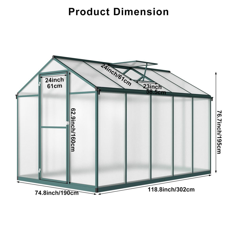 Green 6x10 FT Polycarbonate and Aluminum Outdoor Greenhouse