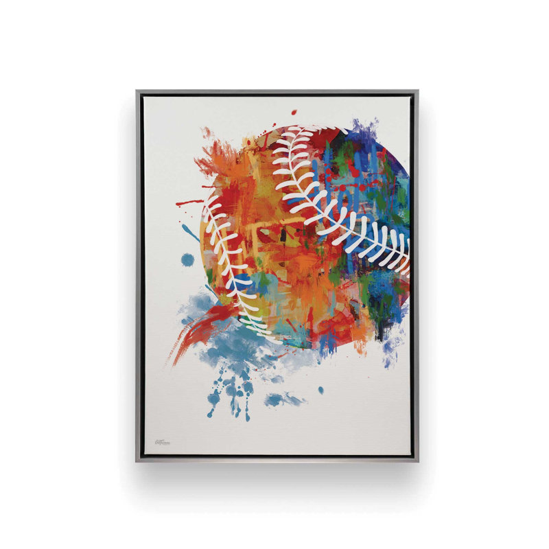 «Baseball Splash» par Cat Thurman Designs, reproduction d'art, L 24 po x H 32 po, Silver, Toile avec cadre