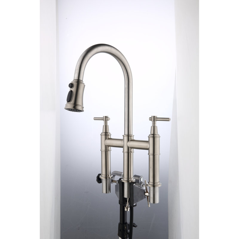 Kitchen Faucet With Pull-Down In Spot Brushed Nickel, Dual Handle Switch For Precise Water Control, 360-Degree Rotating High Nozzle, Brass Material, Calm And Unhindered Flow Aerator Bridge Nickel ,