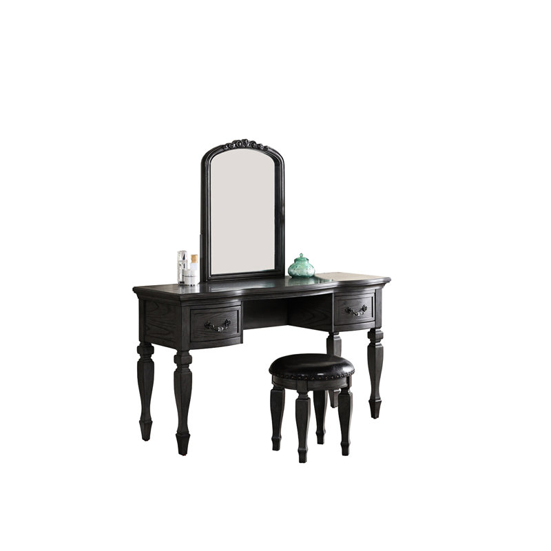 Luxury Bedroom Vanity With Antique White Wood Finish And Felt-Lined Stool - Elegant Black Drawers Included