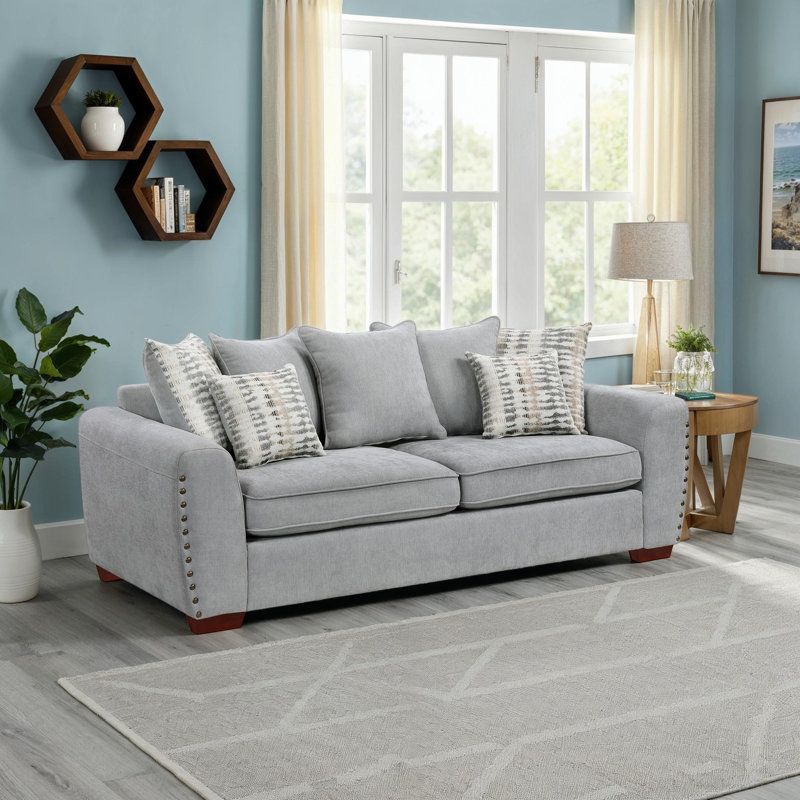 Langara 82" Modern & Contemporary Chenille Sofa with Elegant Nailhead Trim Detail, Included Pillows, Gray
