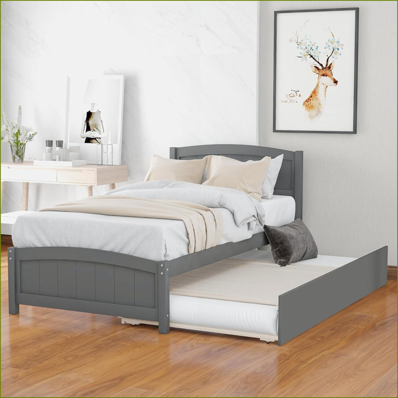 Lit plateforme simple en pin massif avec lit gigogne gris - aucun sommier nécessaire pour les chambres d'amis, Gris