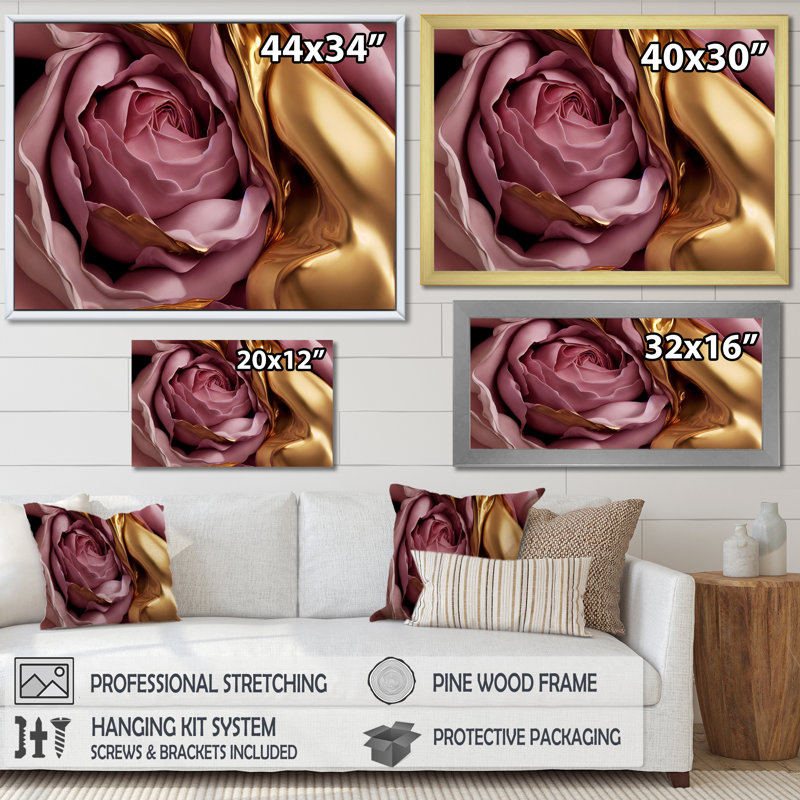 Exquise rose et doré Glam Roses I - impression, Cadre flottant noir, H 24 po x l 32 po x P 1 po