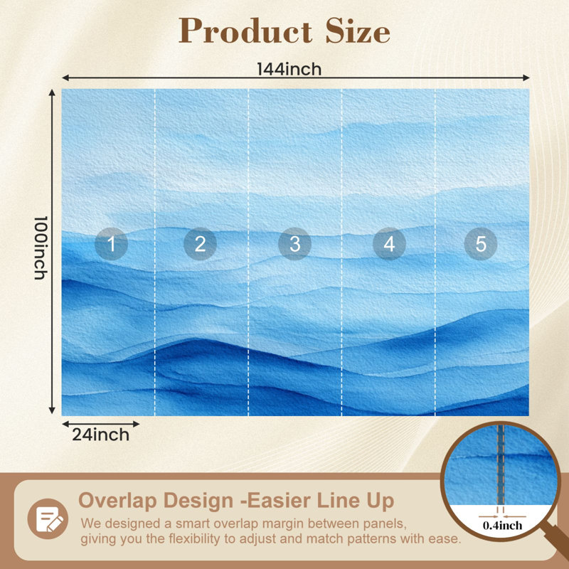 Papier peint auto-adhésif Peel and Stick Peaceful Watercolor Ocean Waves Dynamic Brushwork Pastel Sky H 100 po x l 144 po pour chambre à coucher