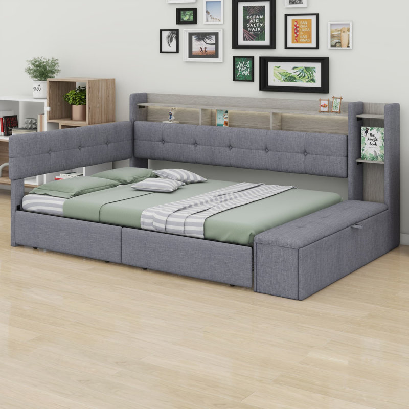 Lit de jour rembourré 2 tiroirs avec repose-pieds de rangement, tablettes, lumière USB et DEL, Gris