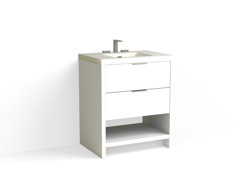 Vue 30" W Freestanding Single Bathroom Vanity, Glossy White/8" Widespread, White Nanomatte, Satin Nickel