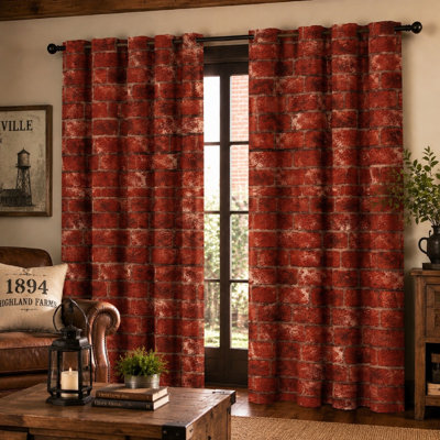 2Pcs Red Brick Pattern Sun Blocking Curtains, Industrial Style, Rustic Farmhouse Texture Printed Art Ring-Top, Double-Layer and Heat-Insulating for Living Room Decoration for Home Dector