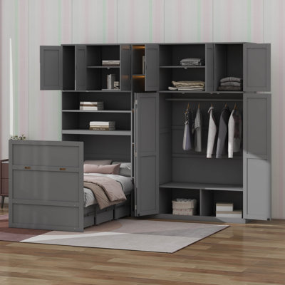 Wood Murphy Bed Twin with Wardrobe Closet & Top Cabinet,Hideaway Murphy Cabinet Bed with LED and Bookshelf