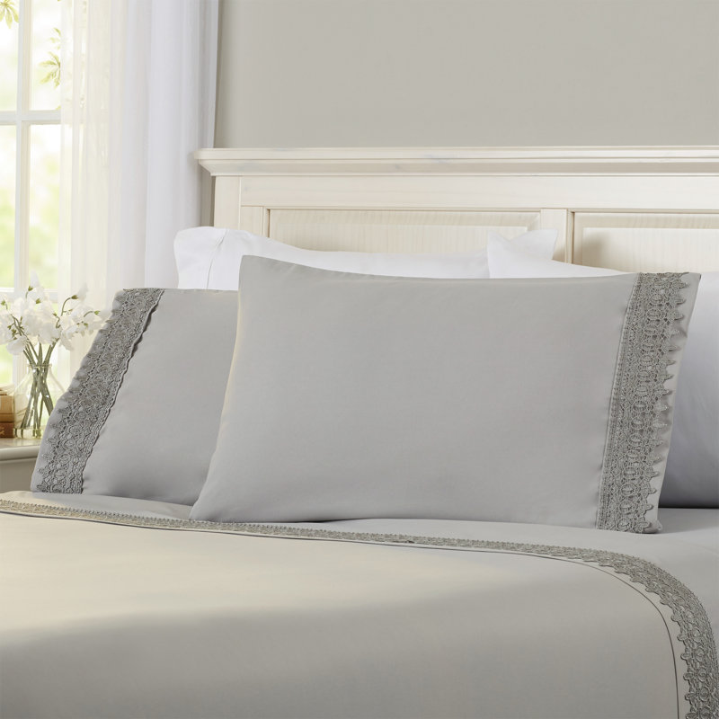 Jaquil Extra Deep Pocket Microfiber Sheet Set with Lace Hem, Steel Gray, Queen