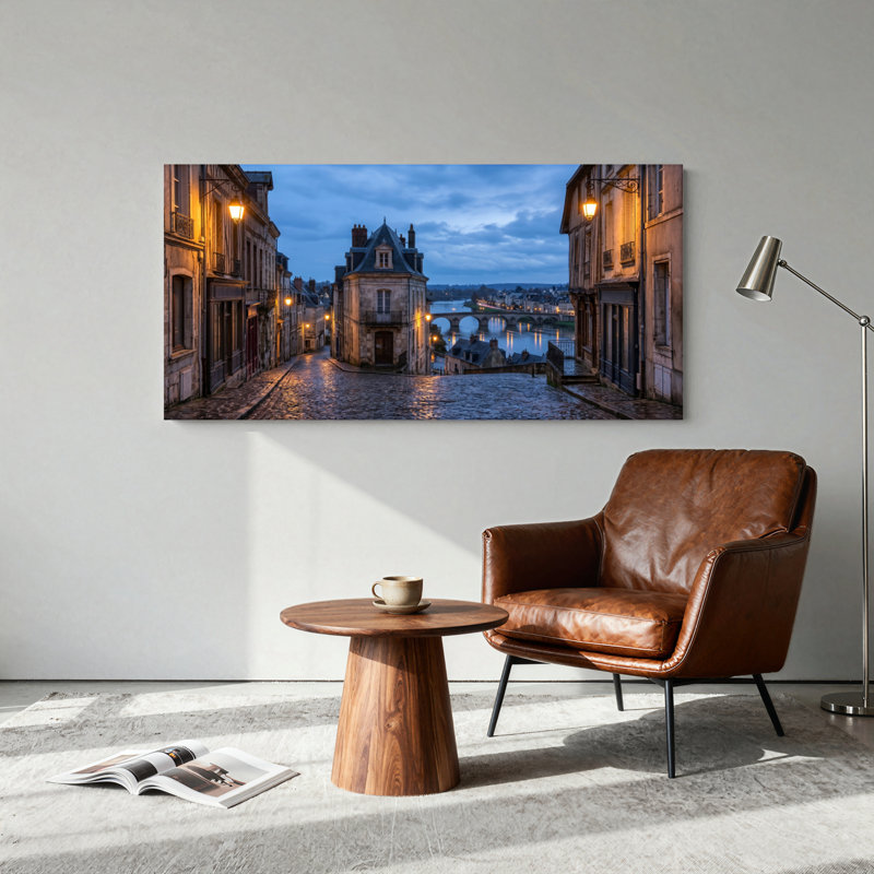 Ensemble de 1 tableau sur toile représentant un paysage urbain au crépuscule, L 40 po x H 20 po, Toile tendue