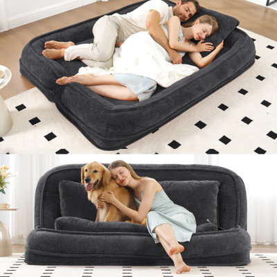 Nouveau lit double pour chien paresseux pour la famille et les animaux de compagnie Très grand canapé-lit avec coussin gonflable 2 places Chenille Beige