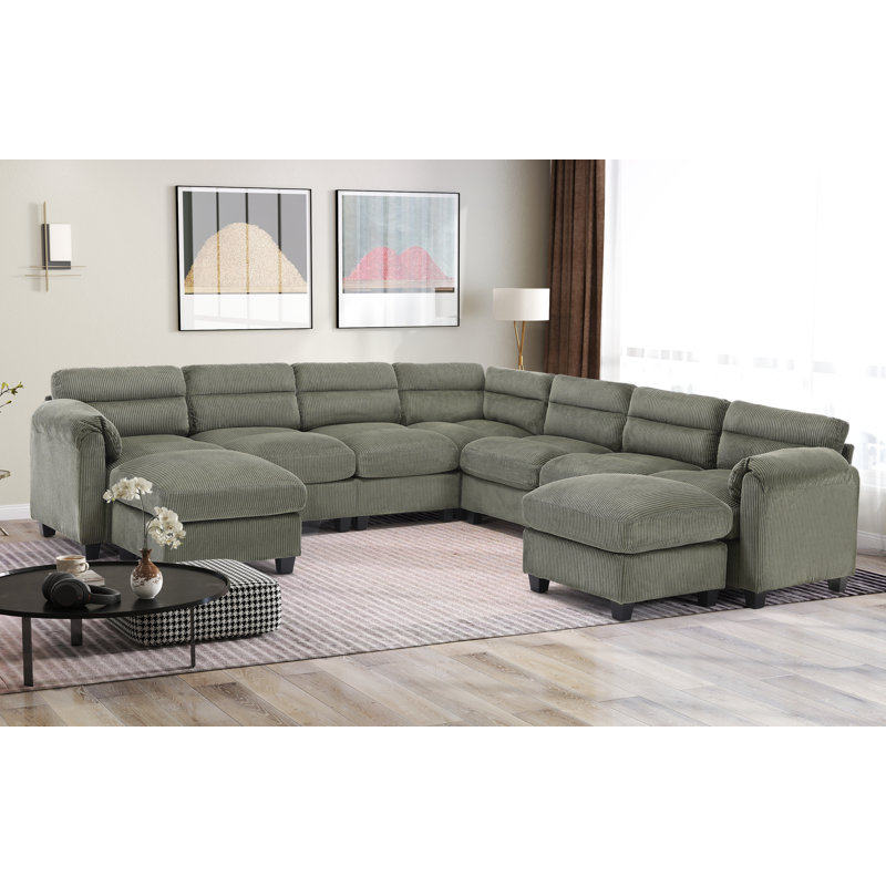 Dona 9-Piece Corduroy Upholstered Modular Sectional, 2 Ottomans, Pillowtop Arm, Green Corduroy