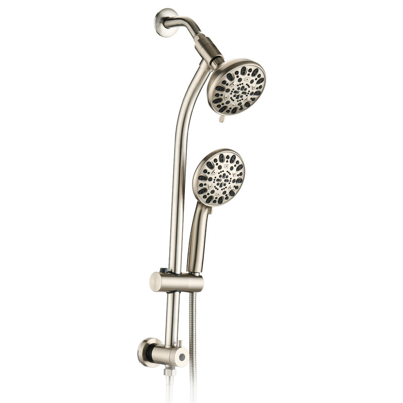 7-Setting Shower Head System - Drill- Stainless Steel Slide Bar With 5" Abs Head, Wall Mounted, 1.8 Gpm, Adjustable Patterns, 59" Hose, Brushed Nickel Dual 7, Abs, Mount, Spray