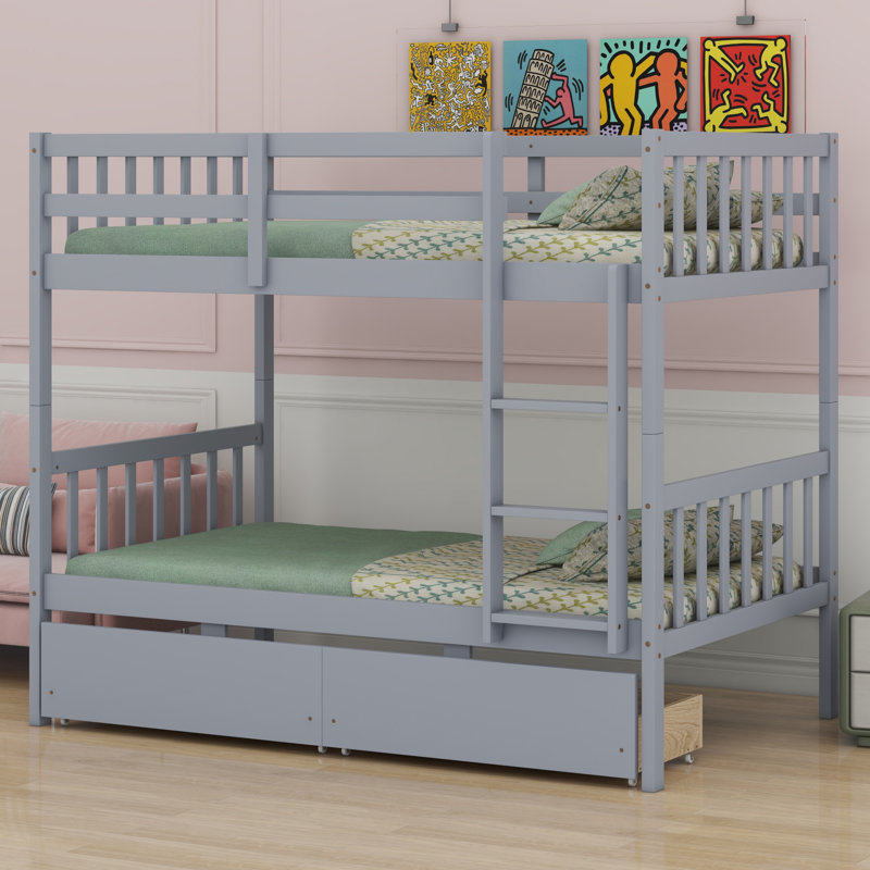Lit superposé en bois avec 2 tiroirs, avec échelle et garde-corps, convertible en 2 lits, Gris