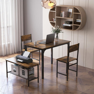Industrial Dining Table Set for 4 with Bench, Chairs & Storage Rack, Metal Frame Modern Dinette Set
