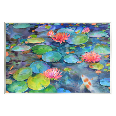 «Vivid Pond Lily Lotus Blossom Koi Fish Pond» par Marietta Cohen - peinture sans cadre sur panneau de fibres à densité moyenne