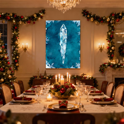 Christmas Crystal Icicle Snowflake Winter Blue Artwork Watercolor Design Set of 3 Canvas Wall Art Prints
