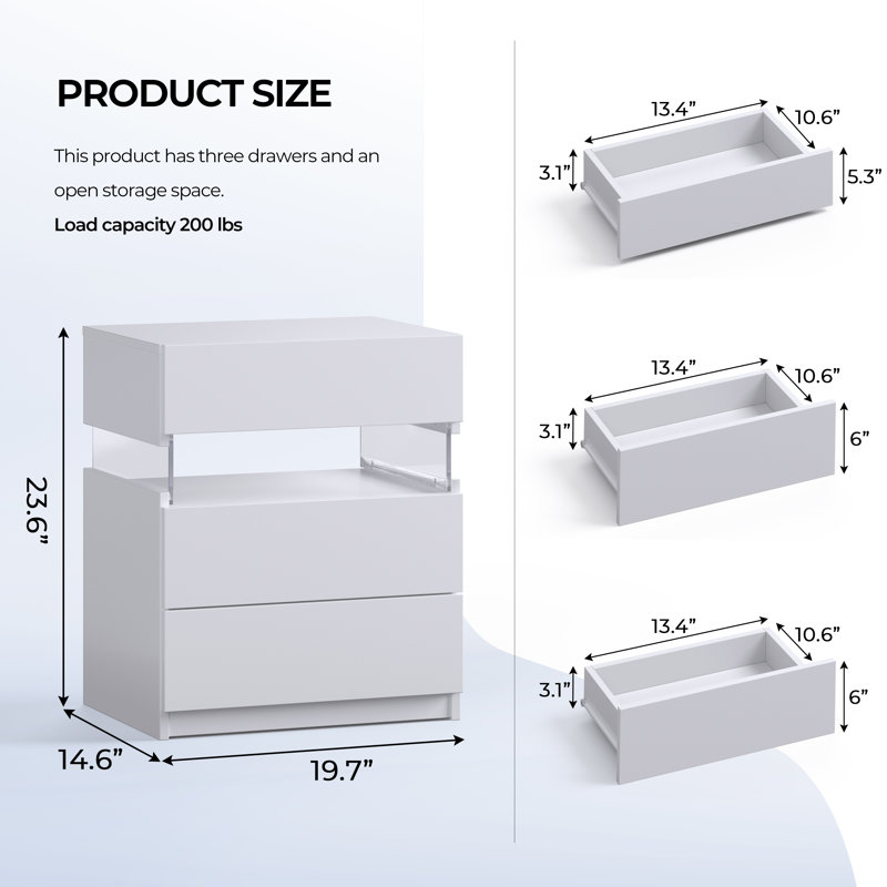 Gold and Gray Acrylic LED Nightstands with 3 Drawers