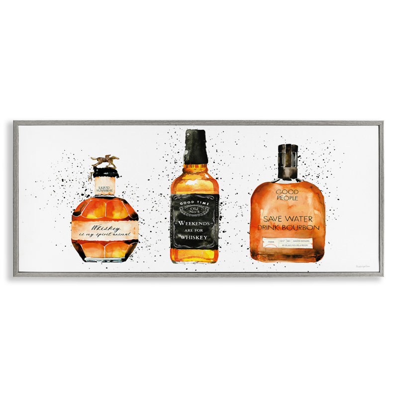 Drôle de bouteilles de whisky encadrées sur bois par Mercedes Lopez Charro, impression, H 10 po x l 24 po x P 1,5 po