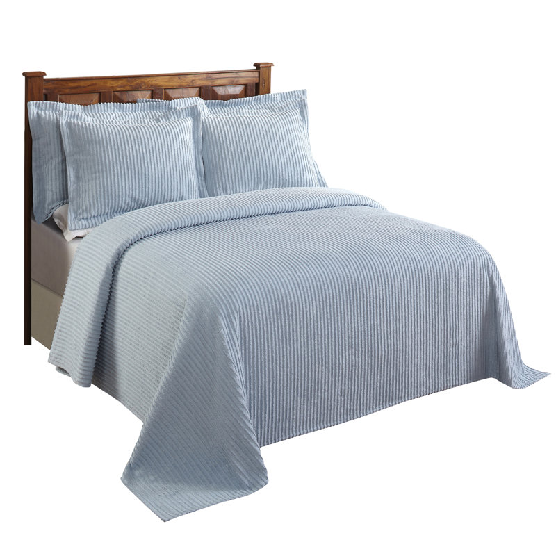 Jullian 100% Cotton Chenille Tufted Bedspread, Classic Stripe Design, Soft Breathable Coverlet, All-Season Machine Washable, OEKO-TEX Certified, Queen Size, Blue