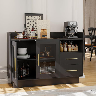 Wine Cabinet - Coffee Bar Station with LED Lights,High-Load-Bearing Capacity Liquor Cabinet with Drawers,Durable Double Glass Doors & Anti-Tipping Des by Prep & Savour