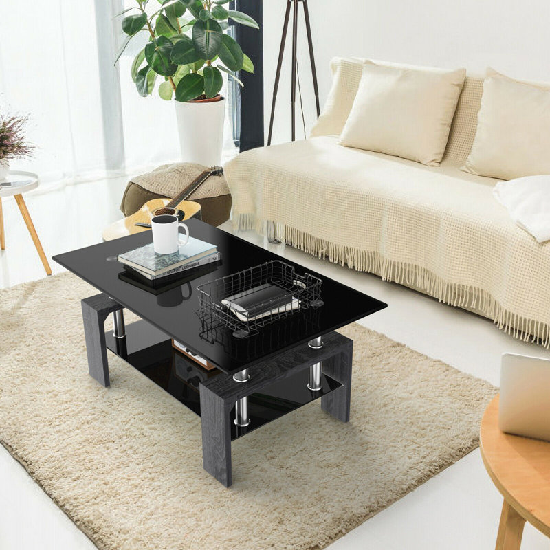 Rectangular Tempered Glass Coffee Table with Shelf, Black, Gray