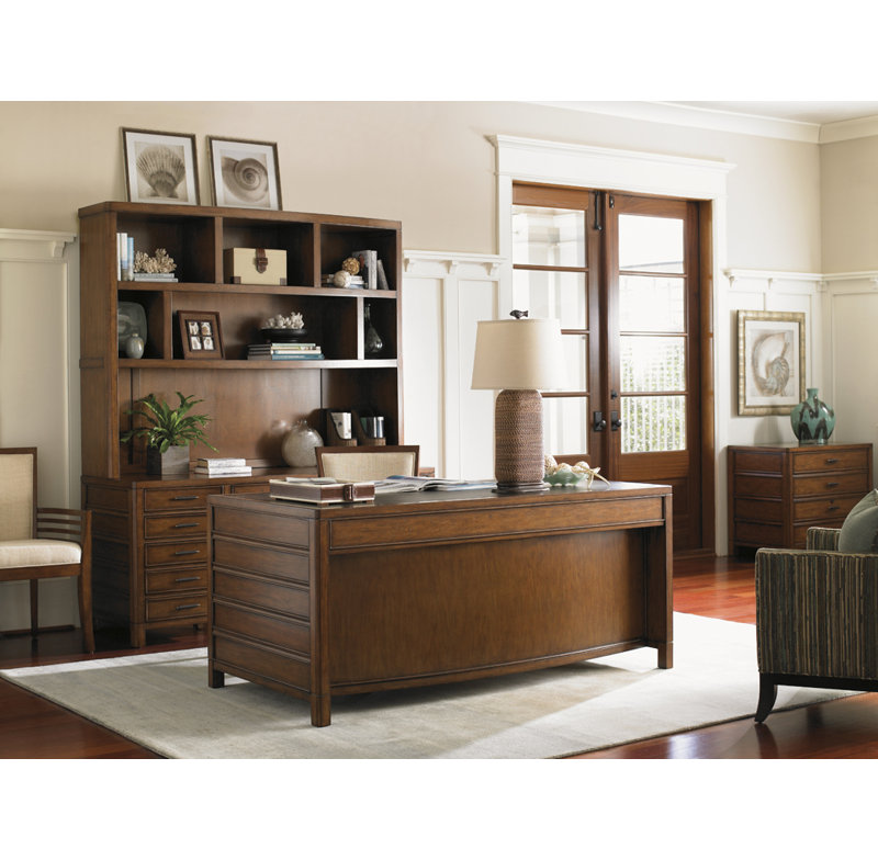 Transitional Brown Hickory Home Office Desk with Leather Top