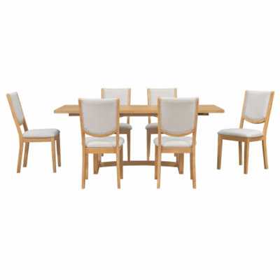 7‑Piece Extendable Dining Table Set for 6, Rectangular Expandable Kitchen Table with 6 Upholstered Curved‑Back Dining Chairs, Dining Room Furniture Se