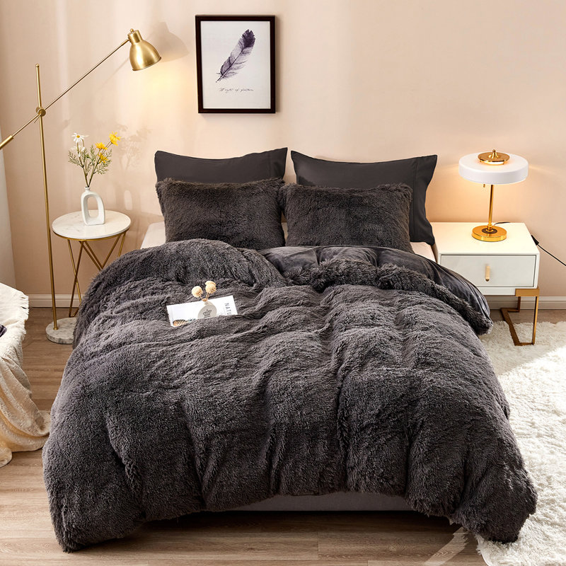 FFDC1217 Plush Shaggy Duvet Cover Set, Queen Duvet Cover + 4 Additional Pieces, Dark Gray