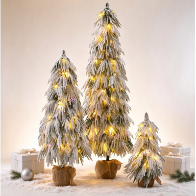 Ensemble de 3 sapins de Noël enneigé pré-éclairés, modes à DEL réglables, base de pot en toile de jute pour le style des Fêtes, ensemble de 3