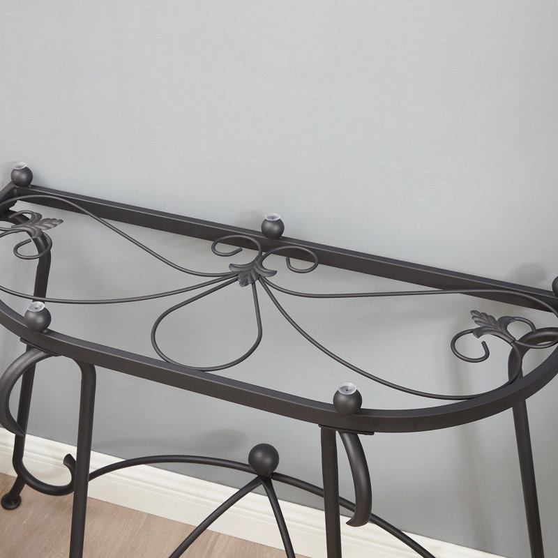 Rustic Black Metal Console Table with Tempered Glass Top