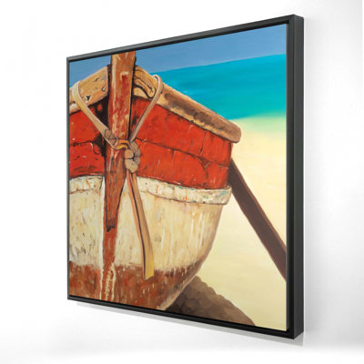 Bateau à rames attaché - décor de toile encadrée brun côtier