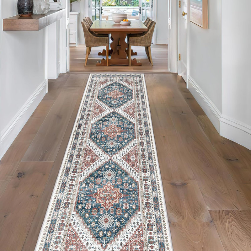 Medallion Non Slip Washable Rug(Red), Runner 3' x 10'