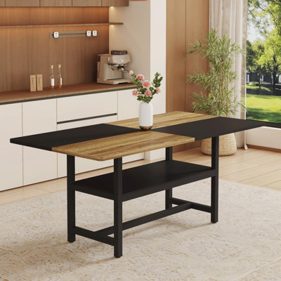 Table de salle à manger rectangulaire, table de salle à manger de style campagnard 71 po, plateau de table en bois avec structure en métal, fendu noir / bois