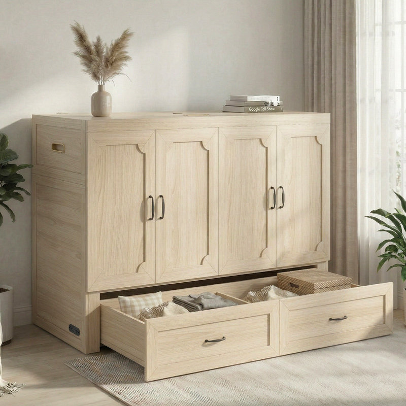 Grand lit escamotable de 63 po avec tiroirs de rangement, station de charge intégrée et matelas inclus, Naturel
