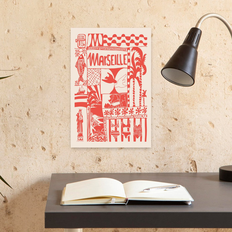 Affiche murale abstraite de vacances d'été à Marseille, avec palmiers, poissons et architecture de plage, 18" H x 12" W