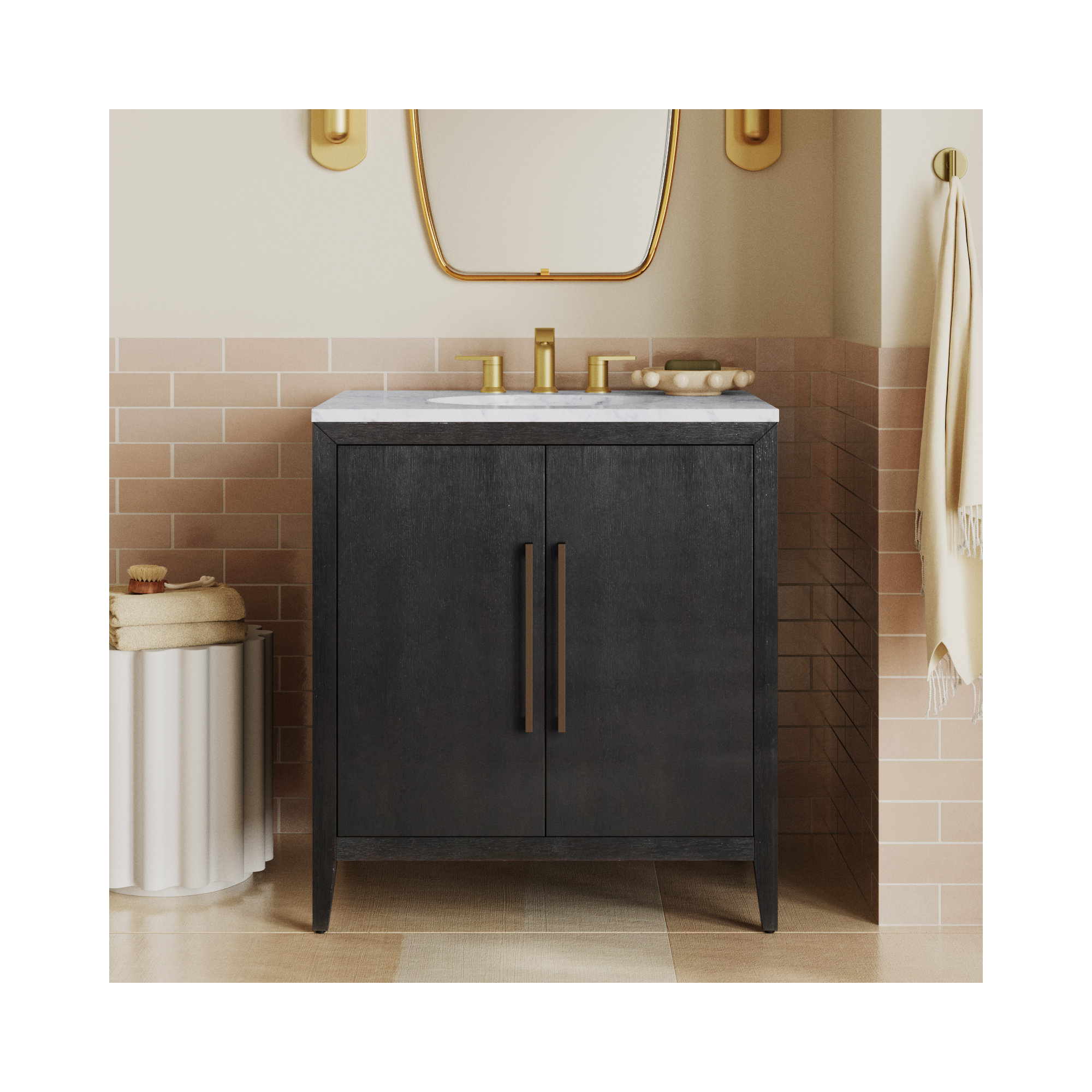 Alsup 30" Single Vanity with Quartz Top, Wire Brushed Dark Oak, Carrara Marble