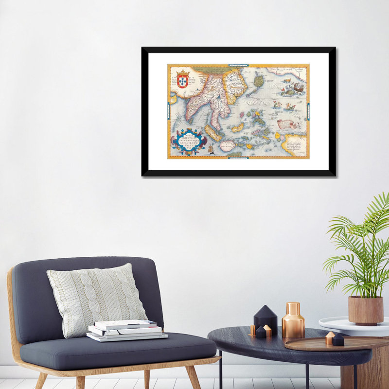 Antique Map East Asia, impression sur toile, H 16 po x l 24 po x P 1 po, Papier beaux-arts encadré noir, Blanc