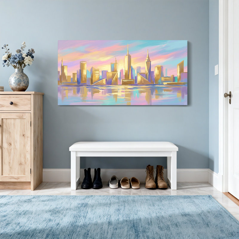 Abstract City Skyline Sunset Reflection Water Colour Art, 16" H x 32" W