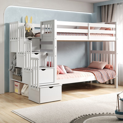 Tena Solid Wood Standard Bunk Beds with a 4 Step Stairway and 4 Drawers in the Steps by Harriet Bee