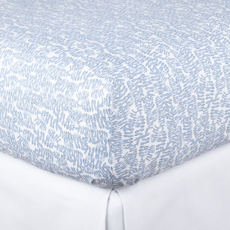 Fern 200 Thread Count Geometric 100% Cotton Percale Fitted Sheet, Queen Fitted Sheet, Denim