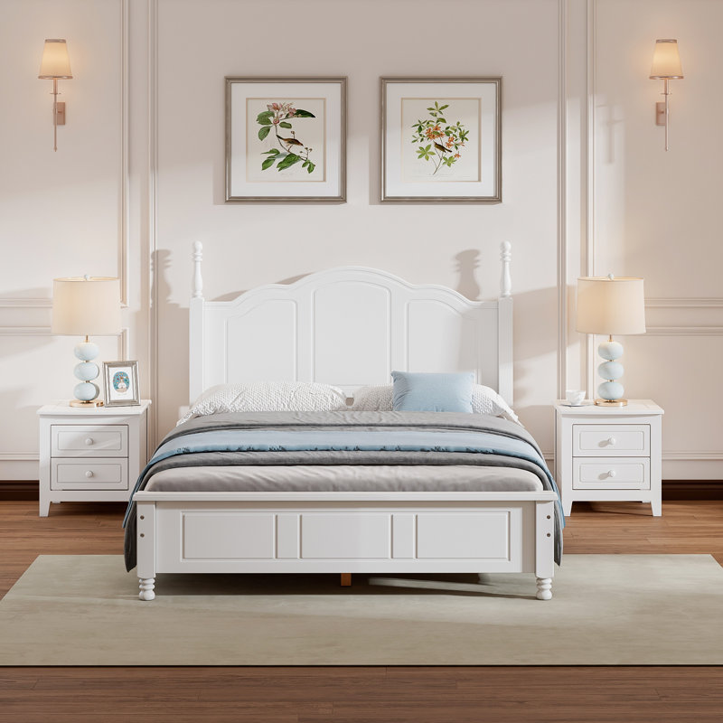 Ensemble de lit plateforme double en bois massif avec 2 tables de chevet - Blanc, Blanc