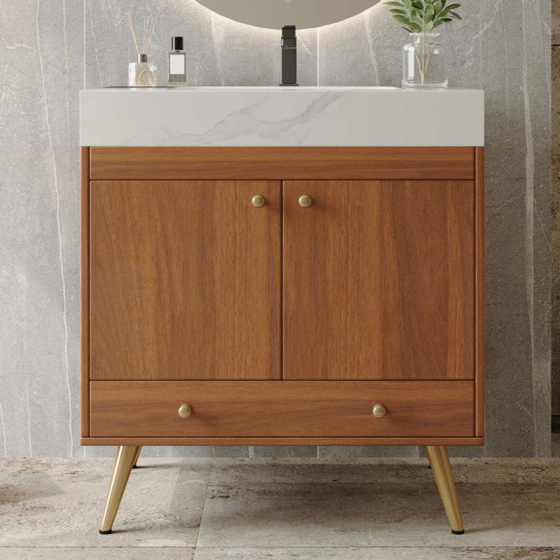 Meuble-lavabo autoportant de style Mid-Century avec comptoir en faux marbre et lavabo en céramique, armoire de rangement à double porte, bois d'ingénierie imperméable (robinet non inclus)