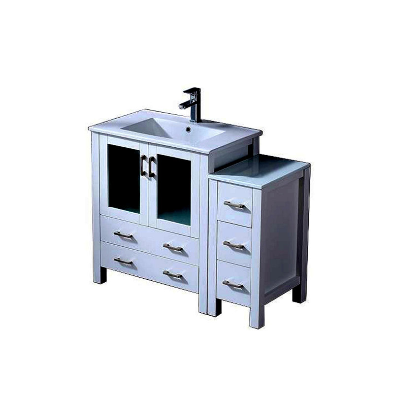 White Single Bath Vanity 42 In. W X 18.25 In. D, With Side Cabinet, White Ceramic Top, And Faucet Set, Blanc