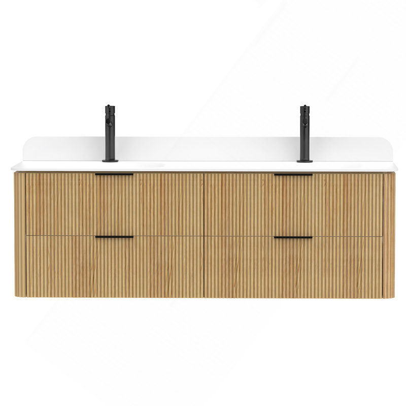 Meuble-lavabo à cannelure dorée 60 po avec lavabo intégré et quincaillerie noire 60 po, Oak