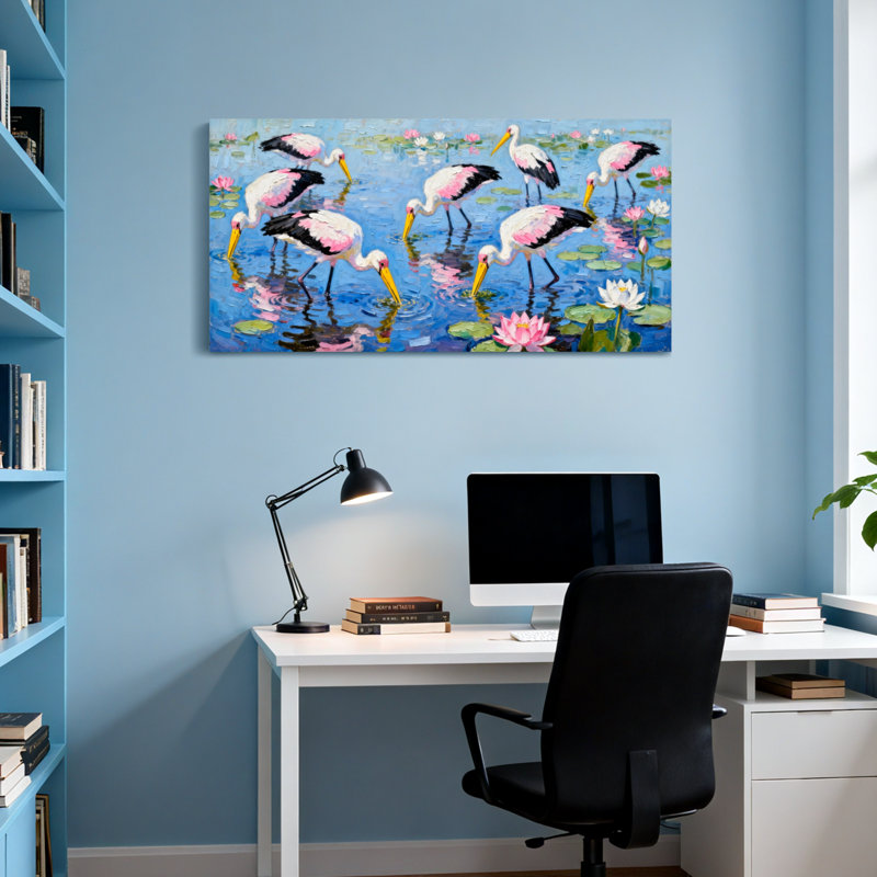 Animaux, oiseaux roses, nénuphars, reflets, ciel bleu, H 28 po x l 58 po