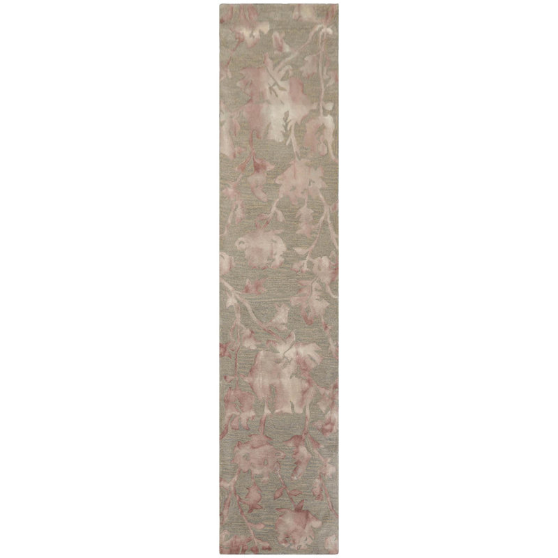 Tapis gris contemporain en laine botanique touffeté à la main de style oriental, Tapis de couloir 2 pi 3 po x 10 pi