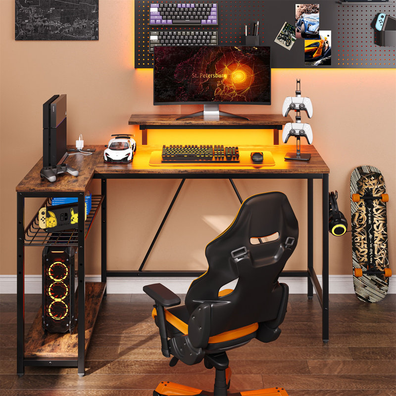 Aurea L-Shape Desk with Built-In Outlets and LED Lights