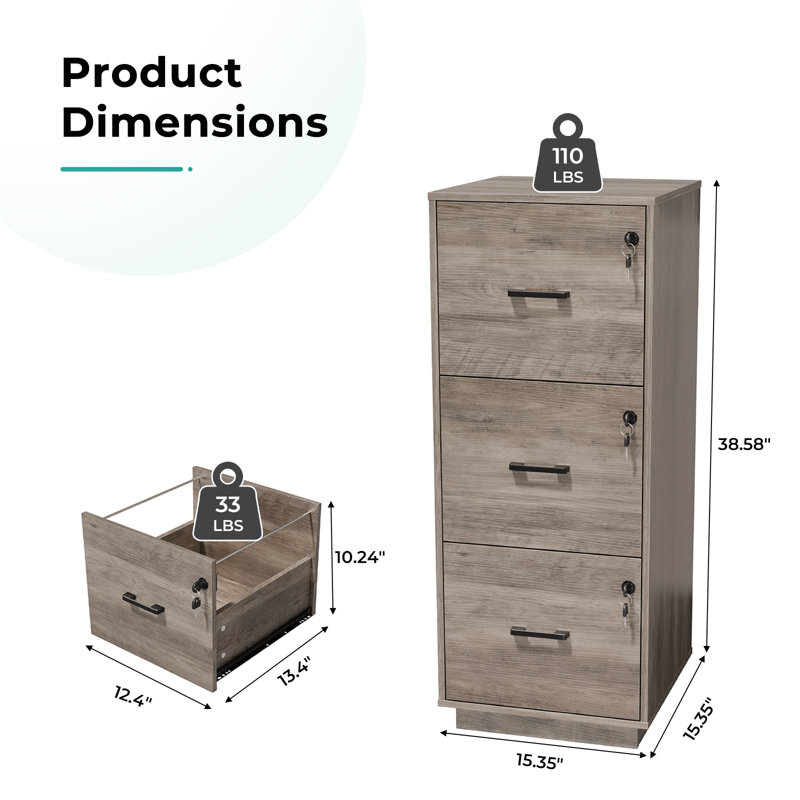 Classeur en bois 3 tiroirs avec serrure 38,58 "H, Gris