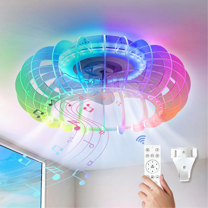 Ventilateur de plafond sans lame à profil bas de 21 po avec lumières Ventilateurs de plafond fermés à DEL à intensité variable avec lumière et télécommande Ventilateur de plafond réversible à 6 vitesses avec haut-parleur Bluetooth pour chambre d'enfant